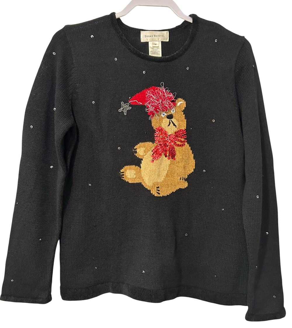 VTG Susan Bristol Christmas Teddy Bear Sequin Sweater Black M Hand Embroidered